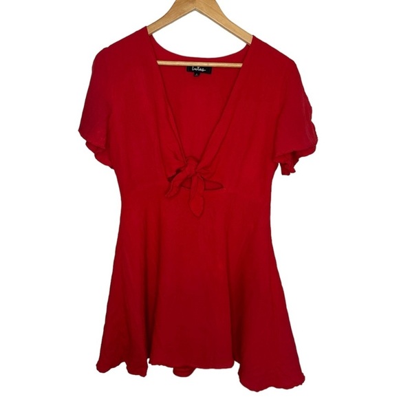 Lulus Sea Day Red Skater Tie Front Short Sleeve Plunging Neckline Mini Dress - Picture 4 of 10